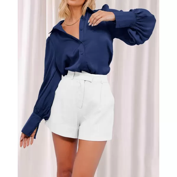 BTFBM Women Satin Button Down Shirts Summer Fall Lantern Long Sleeve Lapel V Neck Blouse Loose Casual Office Work TopsSolid Navy