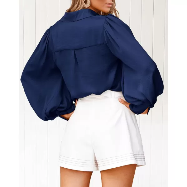 BTFBM Women Satin Button Down Shirts Summer Fall Lantern Long Sleeve Lapel V Neck Blouse Loose Casual Office Work TopsSolid Navy