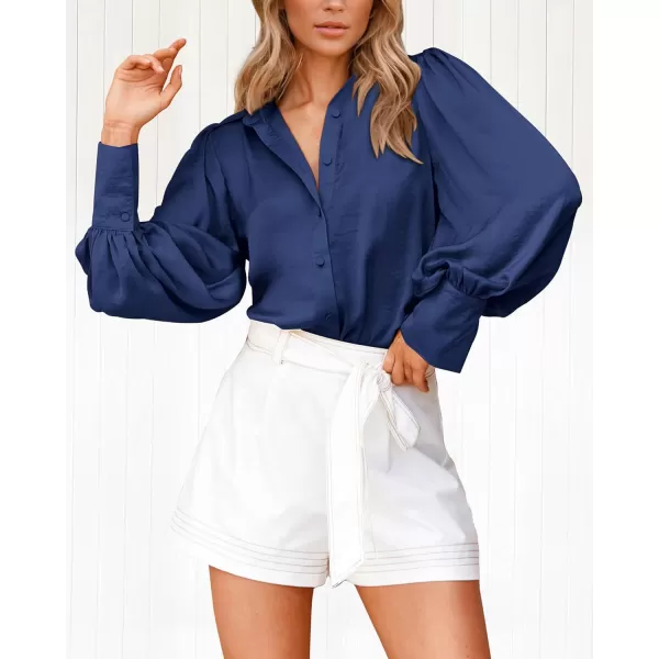BTFBM Women Satin Button Down Shirts Summer Fall Lantern Long Sleeve Lapel V Neck Blouse Loose Casual Office Work TopsSolid Navy