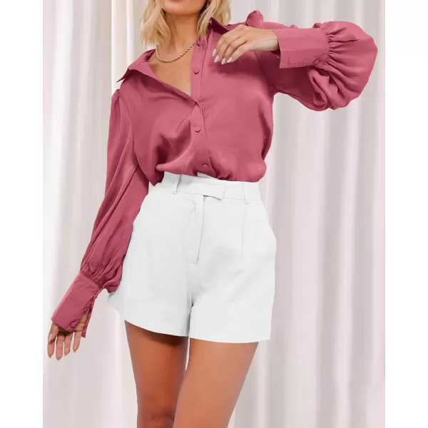 BTFBM Women Satin Button Down Shirts Summer Fall Lantern Long Sleeve Lapel V Neck Blouse Loose Casual Office Work TopsSolid Pink