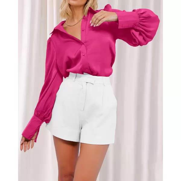 BTFBM Women Satin Button Down Shirts Summer Fall Lantern Long Sleeve Lapel V Neck Blouse Loose Casual Office Work TopsSolid Rose Red