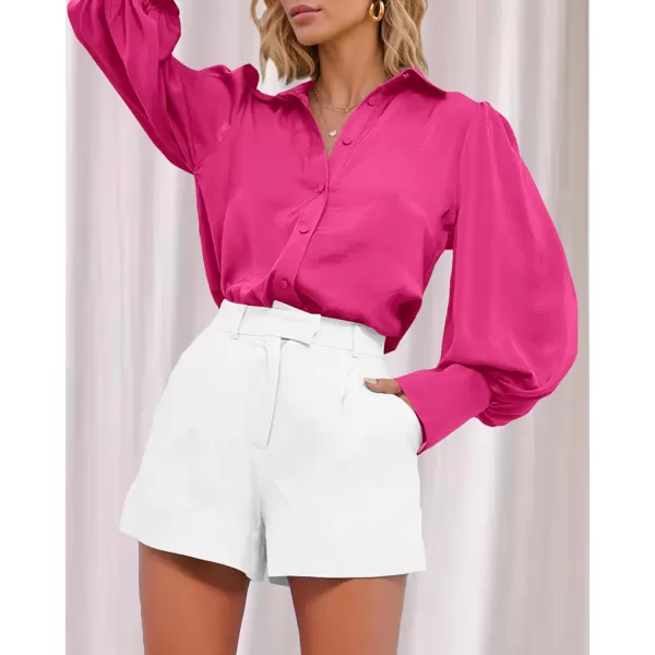 BTFBM Women Satin Button Down Shirts Summer Fall Lantern Long Sleeve Lapel V Neck Blouse Loose Casual Office Work TopsSolid Rose Red