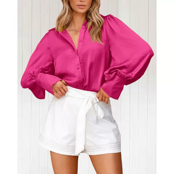 BTFBM Women Satin Button Down Shirts Summer Fall Lantern Long Sleeve Lapel V Neck Blouse Loose Casual Office Work TopsSolid Rose Red
