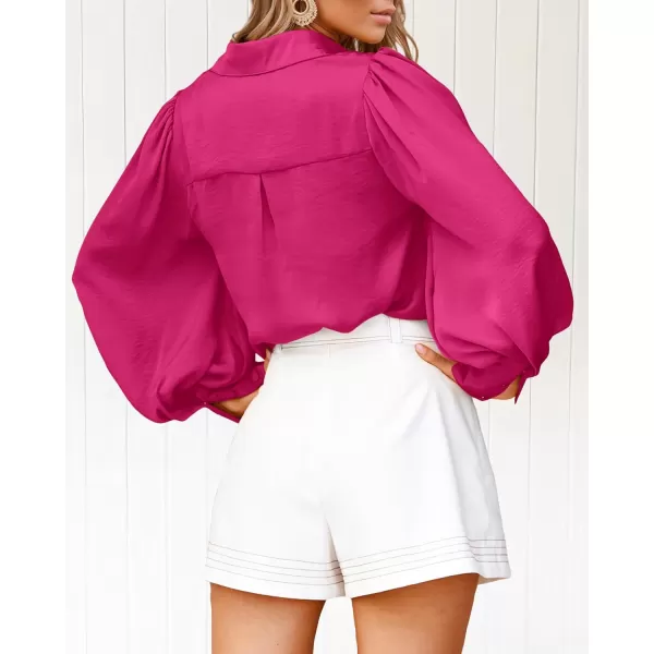 BTFBM Women Satin Button Down Shirts Summer Fall Lantern Long Sleeve Lapel V Neck Blouse Loose Casual Office Work TopsSolid Rose Red