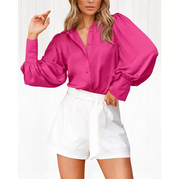 BTFBM Women Satin Button Down Shirts Summer Fall Lantern Long Sleeve Lapel V Neck Blouse Loose Casual Office Work TopsSolid Rose Red
