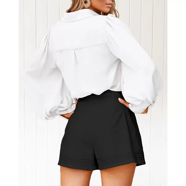BTFBM Women Satin Button Down Shirts Summer Fall Lantern Long Sleeve Lapel V Neck Blouse Loose Casual Office Work TopsSolid White