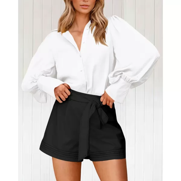 BTFBM Women Satin Button Down Shirts Summer Fall Lantern Long Sleeve Lapel V Neck Blouse Loose Casual Office Work TopsSolid White