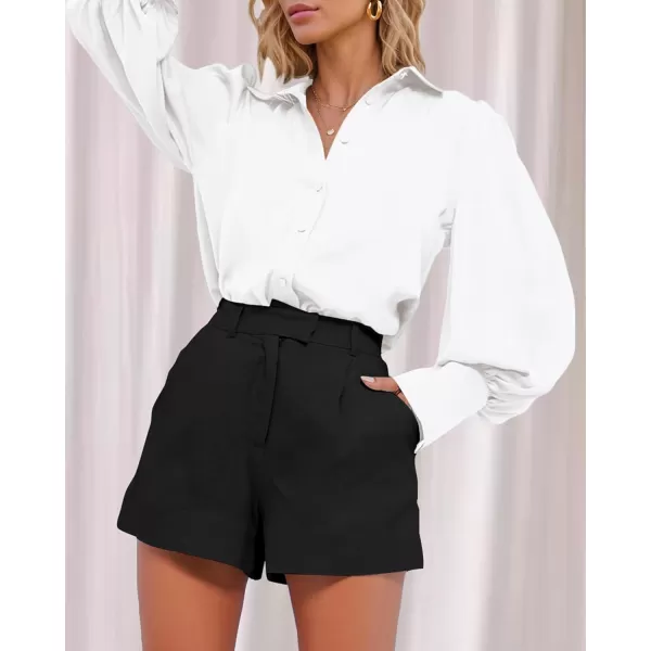 BTFBM Women Satin Button Down Shirts Summer Fall Lantern Long Sleeve Lapel V Neck Blouse Loose Casual Office Work TopsSolid White