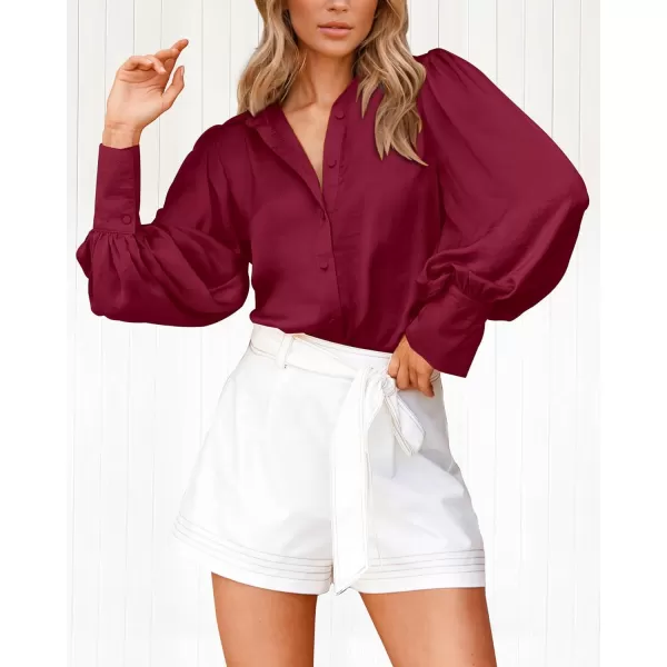 BTFBM Women Satin Button Down Shirts Summer Fall Lantern Long Sleeve Lapel V Neck Blouse Loose Casual Office Work TopsSolid Wine Red