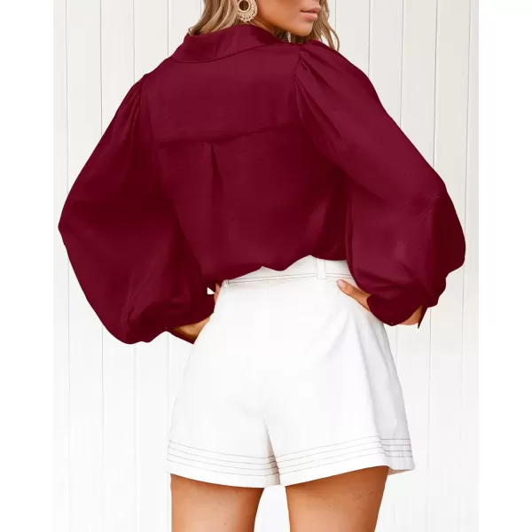 BTFBM Women Satin Button Down Shirts Summer Fall Lantern Long Sleeve Lapel V Neck Blouse Loose Casual Office Work TopsSolid Wine Red