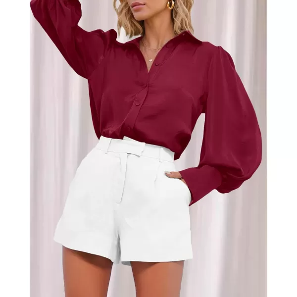 BTFBM Women Satin Button Down Shirts Summer Fall Lantern Long Sleeve Lapel V Neck Blouse Loose Casual Office Work TopsSolid Wine Red