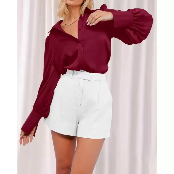 BTFBM Women Satin Button Down Shirts Summer Fall Lantern Long Sleeve Lapel V Neck Blouse Loose Casual Office Work TopsSolid Wine Red