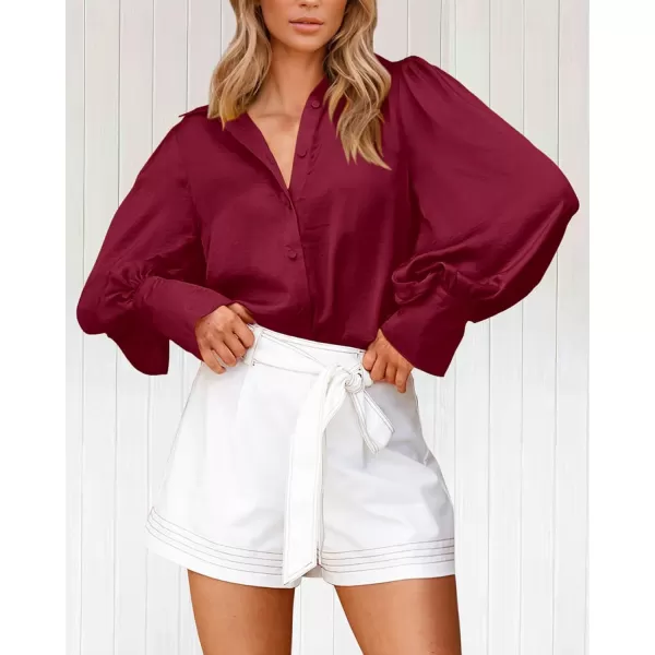 BTFBM Women Satin Button Down Shirts Summer Fall Lantern Long Sleeve Lapel V Neck Blouse Loose Casual Office Work TopsSolid Wine Red