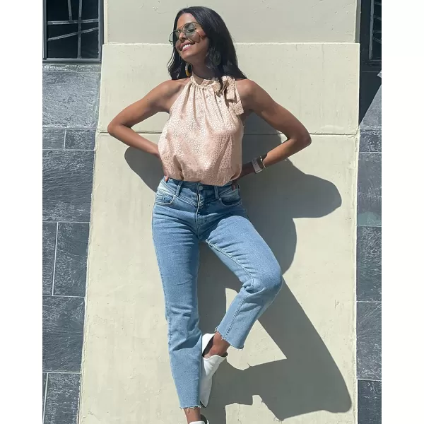 BTFBM Women Sleeveless Tie Mock Neck Summer Tops Loose Casual Side Bow Satin Halter Tank Top Blouse ShirtsHalter Apricot
