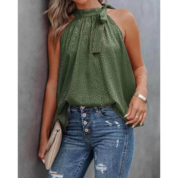 BTFBM Women Sleeveless Tie Mock Neck Summer Tops Loose Casual Side Bow Satin Halter Tank Top Blouse ShirtsHalter Army Green