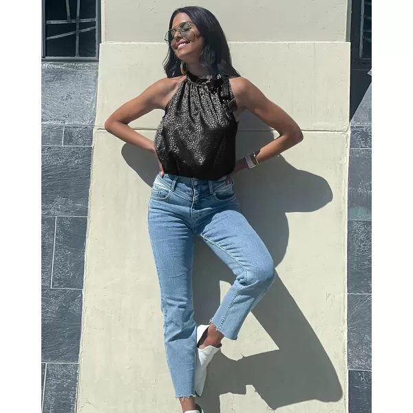 BTFBM Women Sleeveless Tie Mock Neck Summer Tops Loose Casual Side Bow Satin Halter Tank Top Blouse ShirtsHalter Black