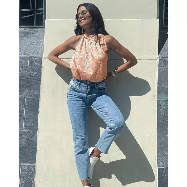 BTFBM Women Sleeveless Tie Mock Neck Summer Tops Loose Casual Side Bow Satin Halter Tank Top Blouse ShirtsHalter Champagne