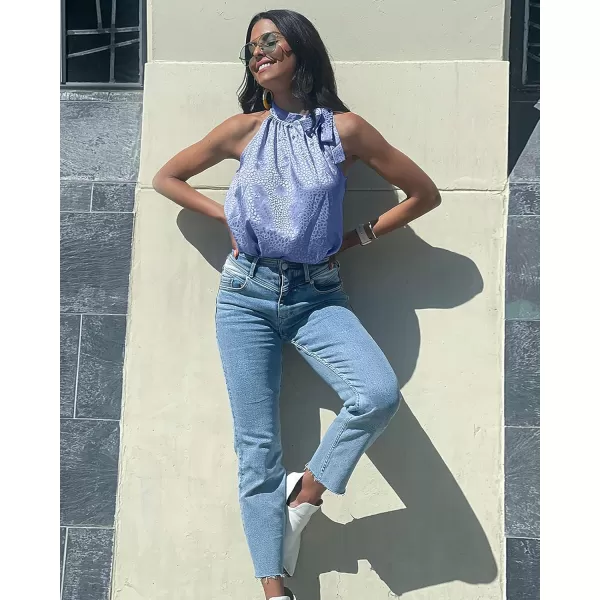 BTFBM Women Sleeveless Tie Mock Neck Summer Tops Loose Casual Side Bow Satin Halter Tank Top Blouse ShirtsHalter Dark Blue