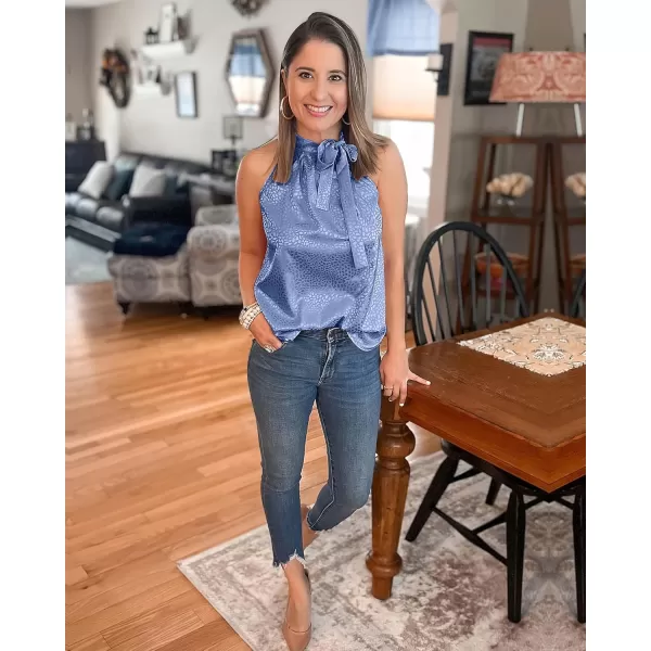 BTFBM Women Sleeveless Tie Mock Neck Summer Tops Loose Casual Side Bow Satin Halter Tank Top Blouse ShirtsHalter Dark Blue