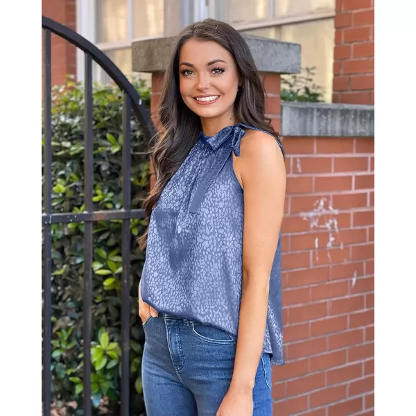 BTFBM Women Sleeveless Tie Mock Neck Summer Tops Loose Casual Side Bow Satin Halter Tank Top Blouse ShirtsHalter Dark Blue