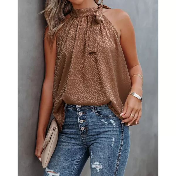 BTFBM Women Sleeveless Tie Mock Neck Summer Tops Loose Casual Side Bow Satin Halter Tank Top Blouse ShirtsHalter Dark Brown