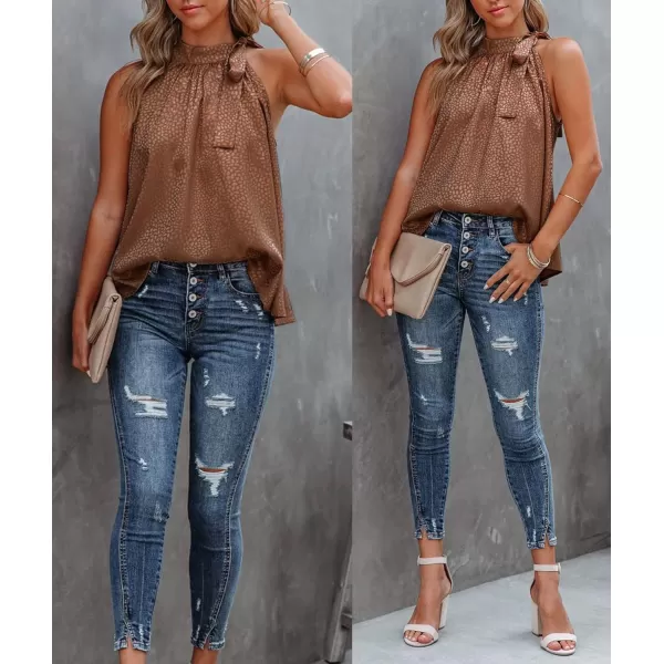 BTFBM Women Sleeveless Tie Mock Neck Summer Tops Loose Casual Side Bow Satin Halter Tank Top Blouse ShirtsHalter Dark Brown