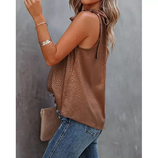 BTFBM Women Sleeveless Tie Mock Neck Summer Tops Loose Casual Side Bow Satin Halter Tank Top Blouse ShirtsHalter Dark Brown
