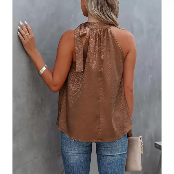 BTFBM Women Sleeveless Tie Mock Neck Summer Tops Loose Casual Side Bow Satin Halter Tank Top Blouse ShirtsHalter Dark Brown