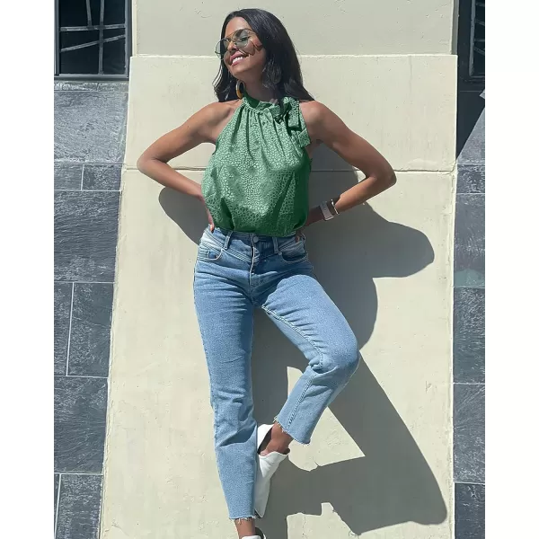 BTFBM Women Sleeveless Tie Mock Neck Summer Tops Loose Casual Side Bow Satin Halter Tank Top Blouse ShirtsHalter Dark Green