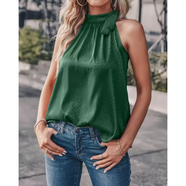 BTFBM Women Sleeveless Tie Mock Neck Summer Tops Loose Casual Side Bow Satin Halter Tank Top Blouse ShirtsHalter Dark Green
