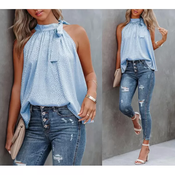 BTFBM Women Sleeveless Tie Mock Neck Summer Tops Loose Casual Side Bow Satin Halter Tank Top Blouse ShirtsHalter Light Blue
