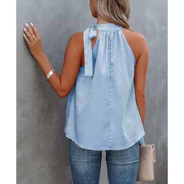 BTFBM Women Sleeveless Tie Mock Neck Summer Tops Loose Casual Side Bow Satin Halter Tank Top Blouse ShirtsHalter Light Blue