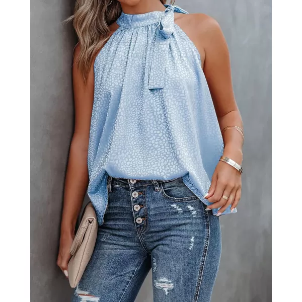 BTFBM Women Sleeveless Tie Mock Neck Summer Tops Loose Casual Side Bow Satin Halter Tank Top Blouse ShirtsHalter Light Blue