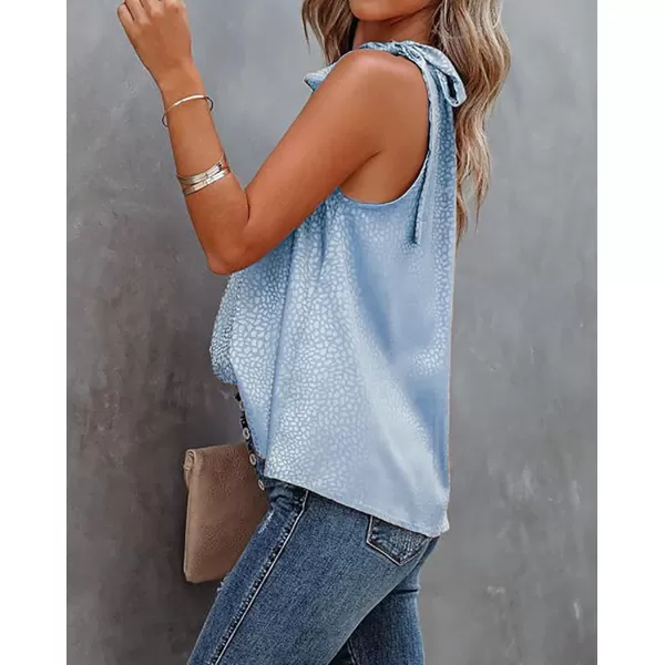 BTFBM Women Sleeveless Tie Mock Neck Summer Tops Loose Casual Side Bow Satin Halter Tank Top Blouse ShirtsHalter Light Blue