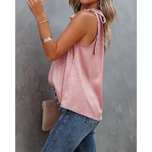 BTFBM Women Sleeveless Tie Mock Neck Summer Tops Loose Casual Side Bow Satin Halter Tank Top Blouse ShirtsHalter Light Pink