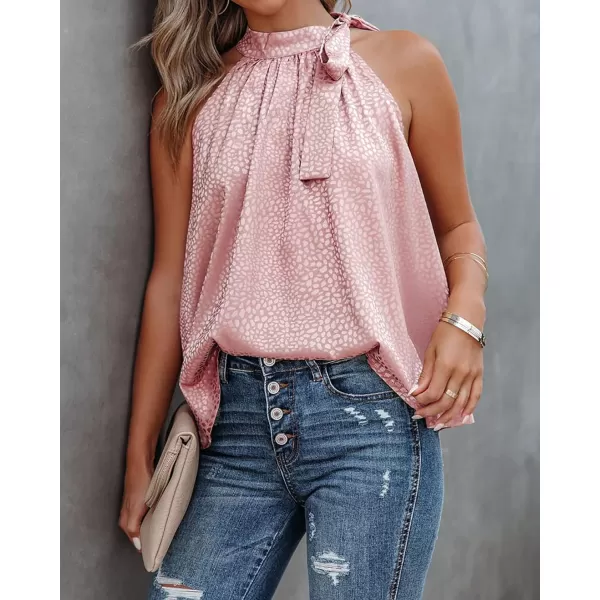 BTFBM Women Sleeveless Tie Mock Neck Summer Tops Loose Casual Side Bow Satin Halter Tank Top Blouse ShirtsHalter Light Pink
