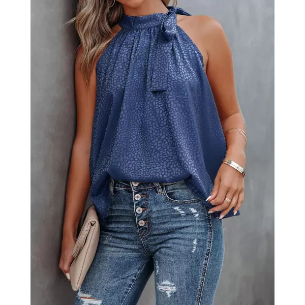 BTFBM Women Sleeveless Tie Mock Neck Summer Tops Loose Casual Side Bow Satin Halter Tank Top Blouse ShirtsHalter Navy