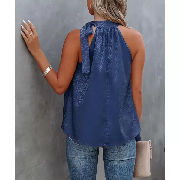 BTFBM Women Sleeveless Tie Mock Neck Summer Tops Loose Casual Side Bow Satin Halter Tank Top Blouse ShirtsHalter Navy