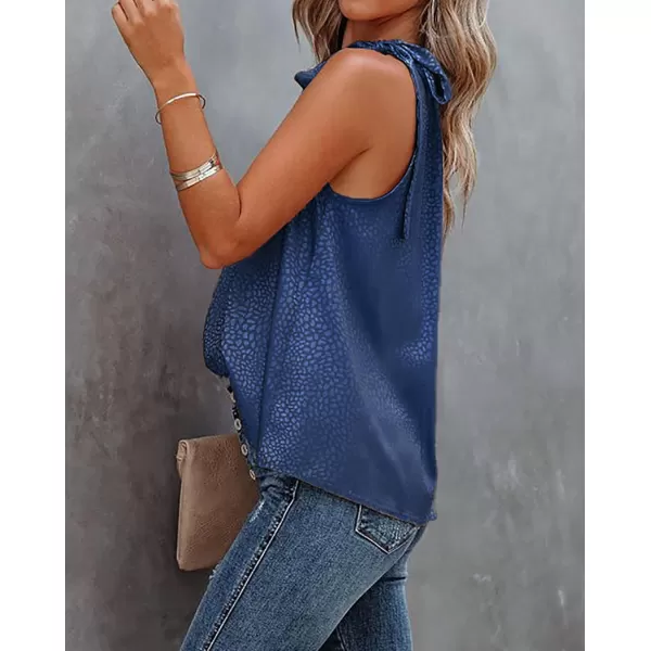 BTFBM Women Sleeveless Tie Mock Neck Summer Tops Loose Casual Side Bow Satin Halter Tank Top Blouse ShirtsHalter Navy