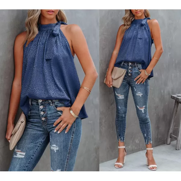 BTFBM Women Sleeveless Tie Mock Neck Summer Tops Loose Casual Side Bow Satin Halter Tank Top Blouse ShirtsHalter Navy