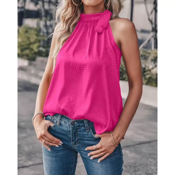 BTFBM Women Sleeveless Tie Mock Neck Summer Tops Loose Casual Side Bow Satin Halter Tank Top Blouse ShirtsHalter Rose Red