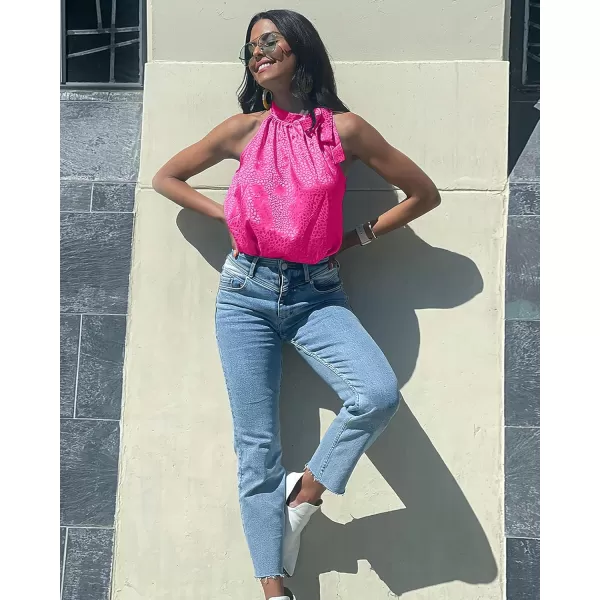 BTFBM Women Sleeveless Tie Mock Neck Summer Tops Loose Casual Side Bow Satin Halter Tank Top Blouse ShirtsHalter Rose Red