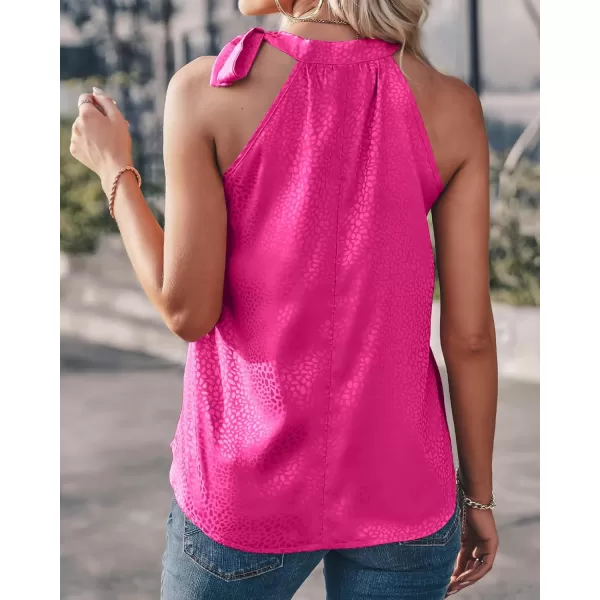 BTFBM Women Sleeveless Tie Mock Neck Summer Tops Loose Casual Side Bow Satin Halter Tank Top Blouse ShirtsHalter Rose Red
