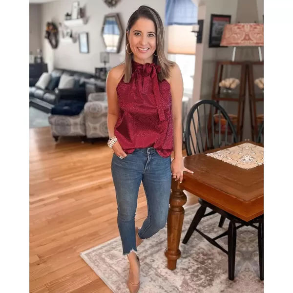 BTFBM Women Sleeveless Tie Mock Neck Summer Tops Loose Casual Side Bow Satin Halter Tank Top Blouse ShirtsHalter Wine Red