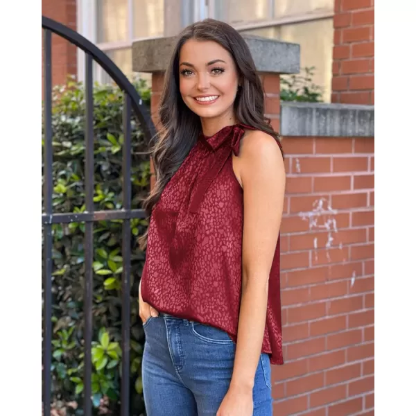 BTFBM Women Sleeveless Tie Mock Neck Summer Tops Loose Casual Side Bow Satin Halter Tank Top Blouse ShirtsHalter Wine Red