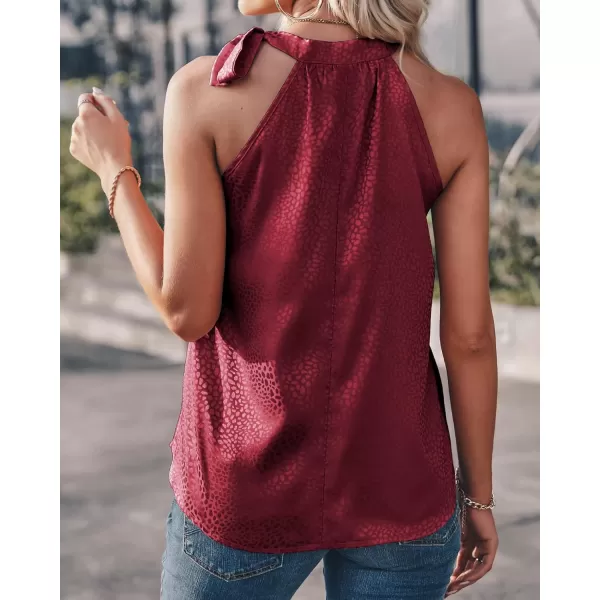 BTFBM Women Sleeveless Tie Mock Neck Summer Tops Loose Casual Side Bow Satin Halter Tank Top Blouse ShirtsHalter Wine Red