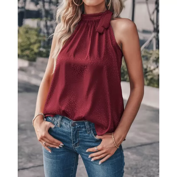 BTFBM Women Sleeveless Tie Mock Neck Summer Tops Loose Casual Side Bow Satin Halter Tank Top Blouse ShirtsHalter Wine Red