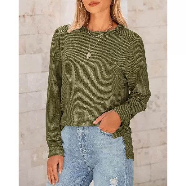 BTFBM Womens Casual Pullover Tops Dressy Fall Clothes Crew Neck Long Sleeve Side Slit Loose Drop Shoulder Knit BlouseArmy Green