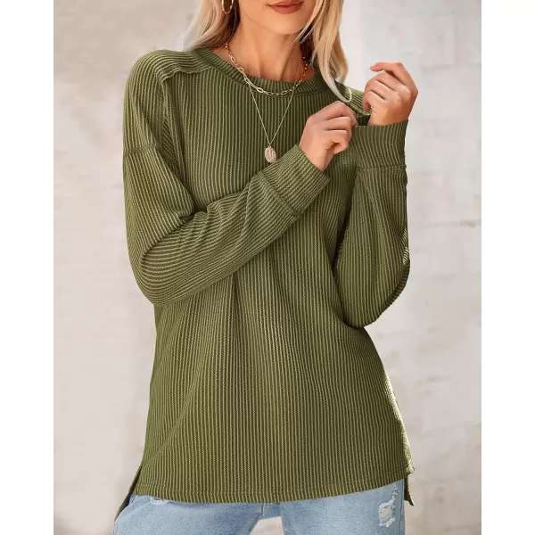 BTFBM Womens Casual Pullover Tops Dressy Fall Clothes Crew Neck Long Sleeve Side Slit Loose Drop Shoulder Knit BlouseArmy Green