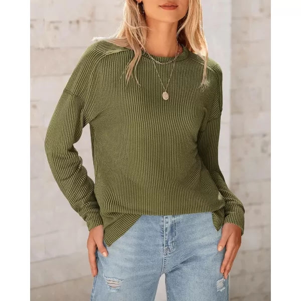 BTFBM Womens Casual Pullover Tops Dressy Fall Clothes Crew Neck Long Sleeve Side Slit Loose Drop Shoulder Knit BlouseArmy Green